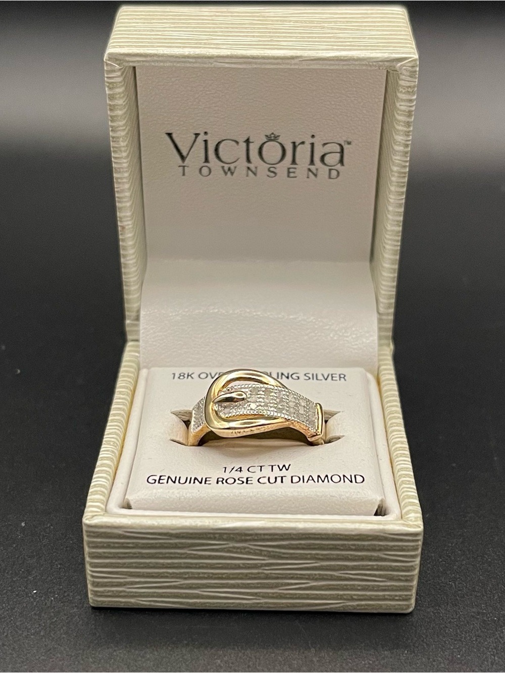 NWT Victoria Townsend 18k gold over .925 SS diamond buckle ring size 8 - Picture 5 of 6